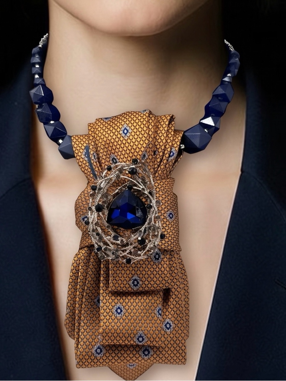 CHIC CHICK UPCYCLE | Navy Crystal Statement Necklace Orange Blue Accents